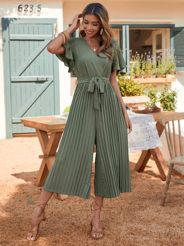 EMERY ROSE Butterfly Sleeve Pleated Belted Jumpsuit