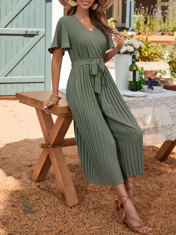 EMERY ROSE Butterfly Sleeve Pleated Belted Jumpsuit