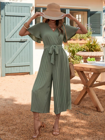 EMERY ROSE Butterfly Sleeve Pleated Belted Jumpsuit