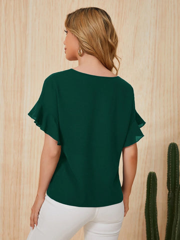 Notched Neck Ruffle Sleeve Blouse