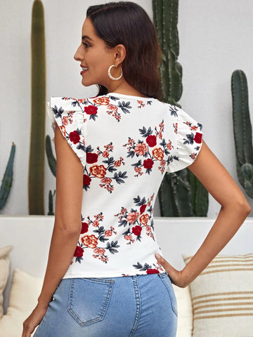 EMERY ROSE Floral Print Butterfly Sleeve Tee