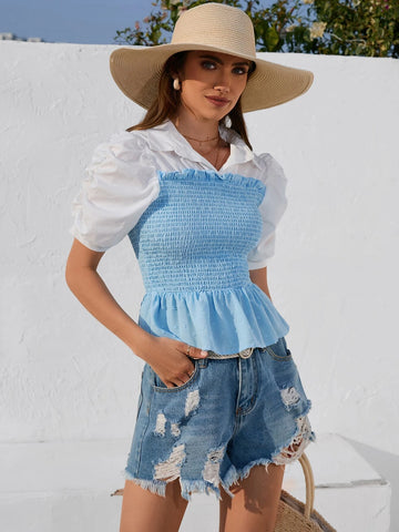 Puff Sleeve Ruffle Hem 2 In 1 Blouse