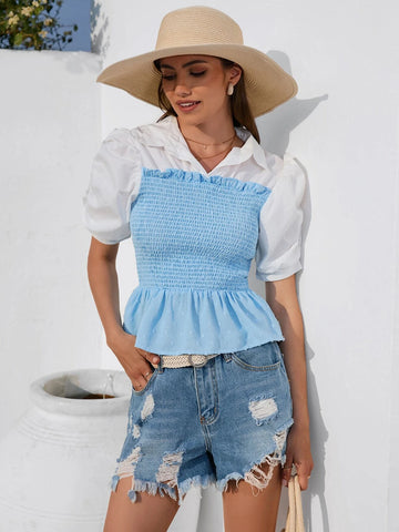Puff Sleeve Ruffle Hem 2 In 1 Blouse