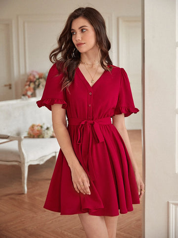 Frenchy Flounce Sleeve Button Front Belted Dress