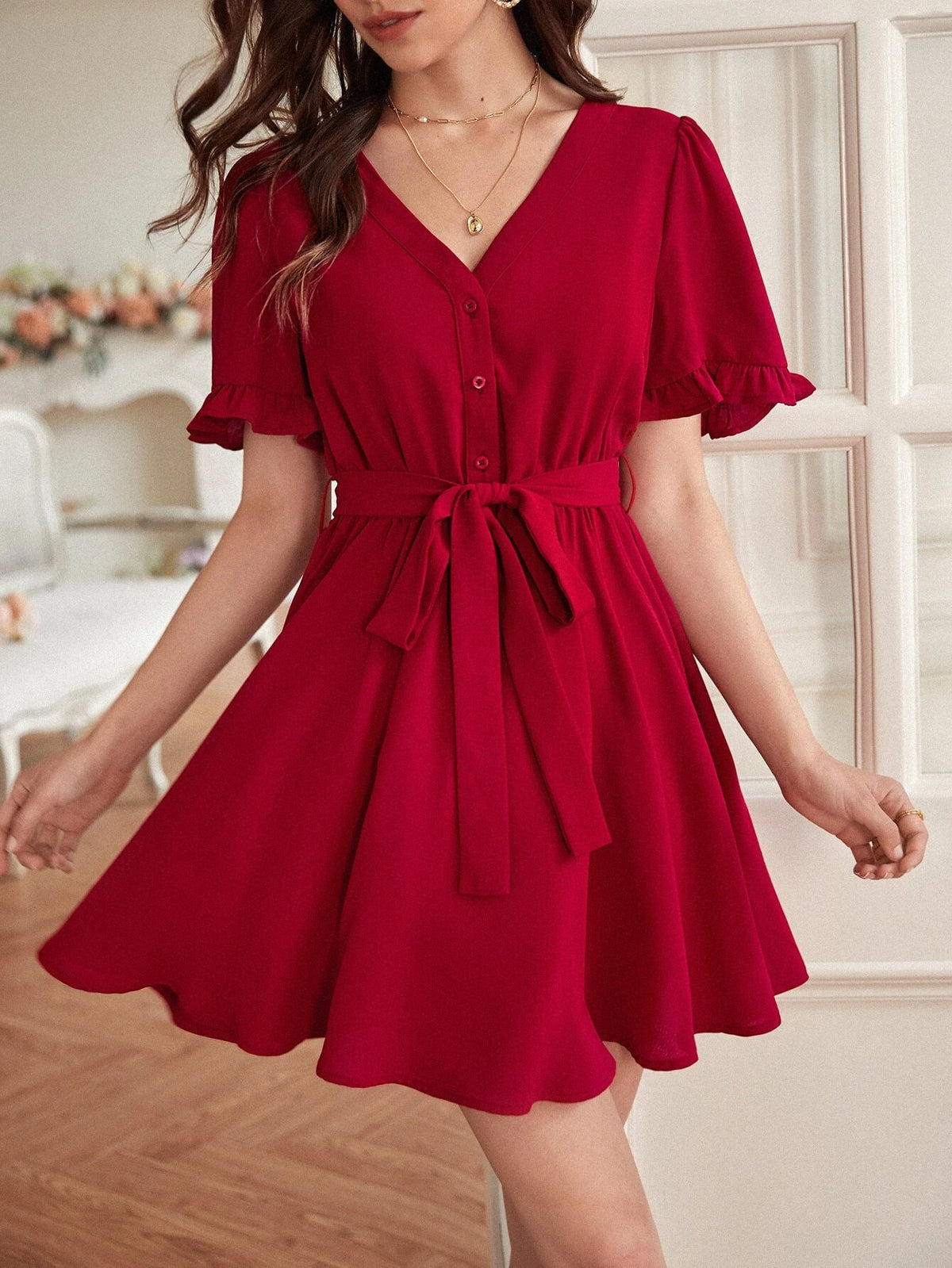 Frenchy Flounce Sleeve Button Front Belted Dress