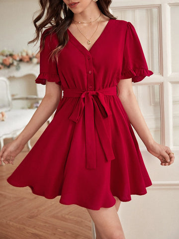 Frenchy Flounce Sleeve Button Front Belted Dress