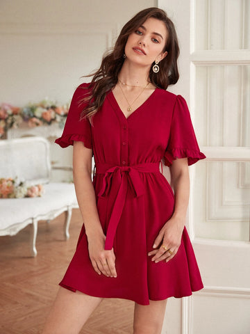Frenchy Flounce Sleeve Button Front Belted Dress