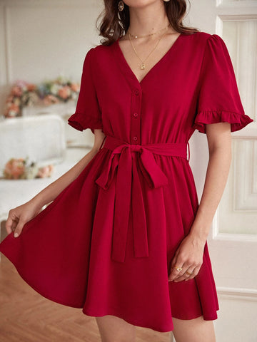 Frenchy Flounce Sleeve Button Front Belted Dress