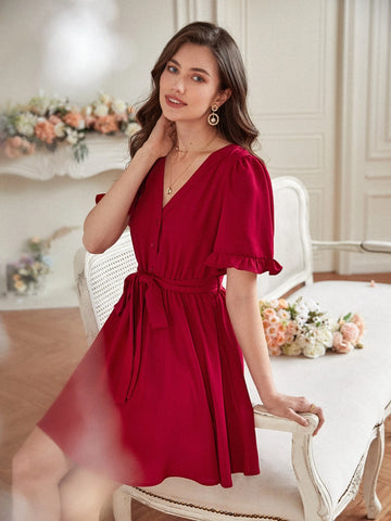 Frenchy Flounce Sleeve Button Front Belted Dress