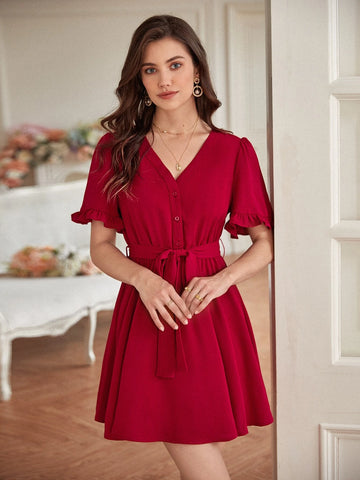 Frenchy Flounce Sleeve Button Front Belted Dress
