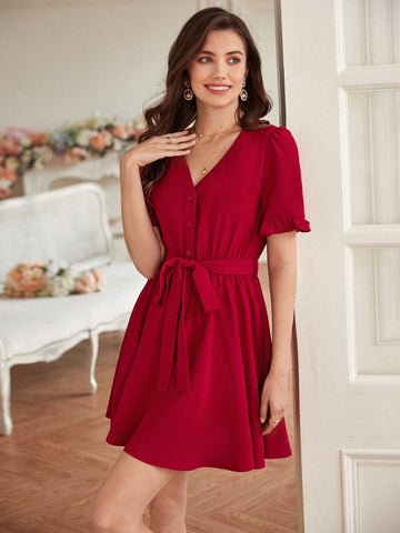 Frenchy Flounce Sleeve Button Front Belted Dress