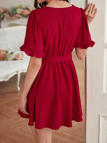 Frenchy Flounce Sleeve Button Front Belted Dress