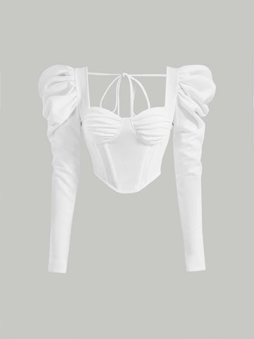 MOD Gigot Sleeve Ruched Bustier Bandana Hem Crop Top