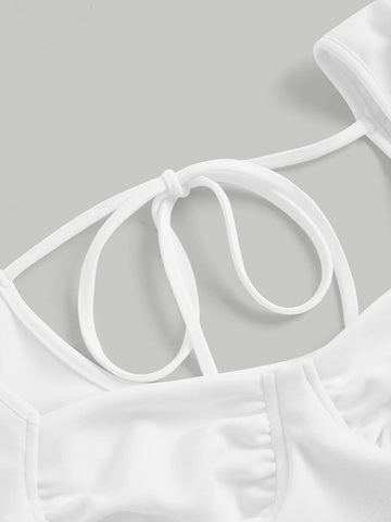 MOD Gigot Sleeve Ruched Bustier Bandana Hem Crop Top