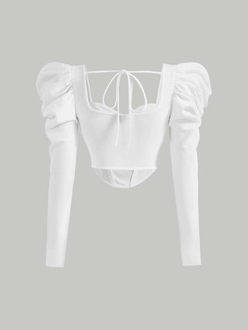 MOD Gigot Sleeve Ruched Bustier Bandana Hem Crop Top