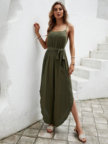 EMERY ROSE Split Thigh Belted Cami Jumpsuit