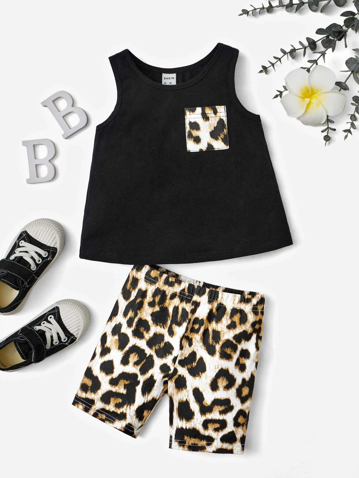 Baby Leopard Patched Pocket Tank Top & Biker Shorts
