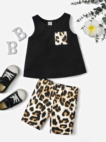 Baby Leopard Patched Pocket Tank Top & Biker Shorts