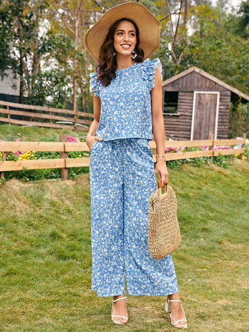 EMERY ROSE Ditsy Floral Top & Wide Leg Pants Set