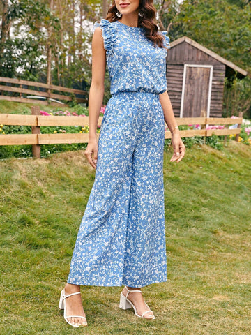 EMERY ROSE Ditsy Floral Top & Wide Leg Pants Set