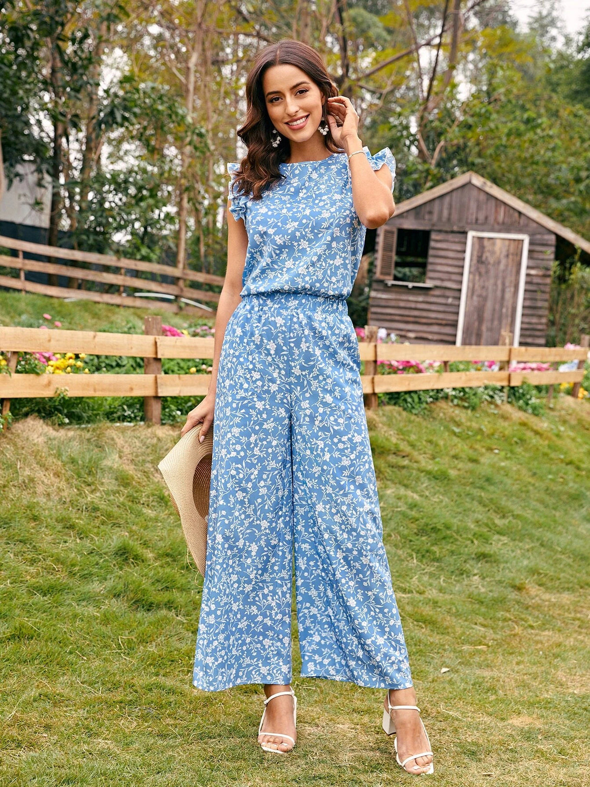 EMERY ROSE Ditsy Floral Top & Wide Leg Pants Set