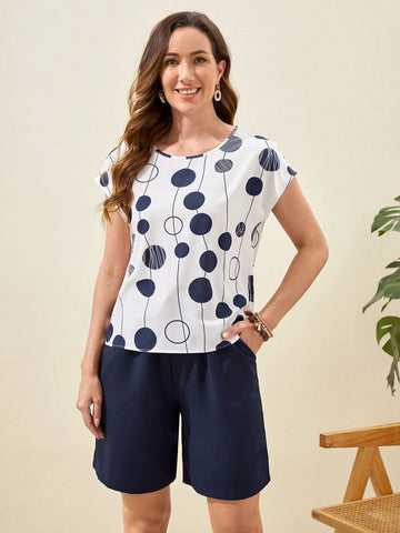 EMERY ROSE Polka Dot Batwing Sleeve Top & Drawstring Waist Shorts