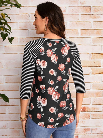 EMERY ROSE Floral Print Striped Raglan Sleeve Tee
