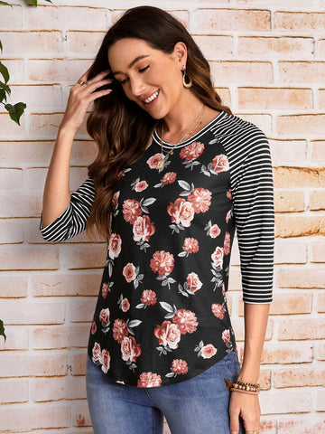 EMERY ROSE Floral Print Striped Raglan Sleeve Tee