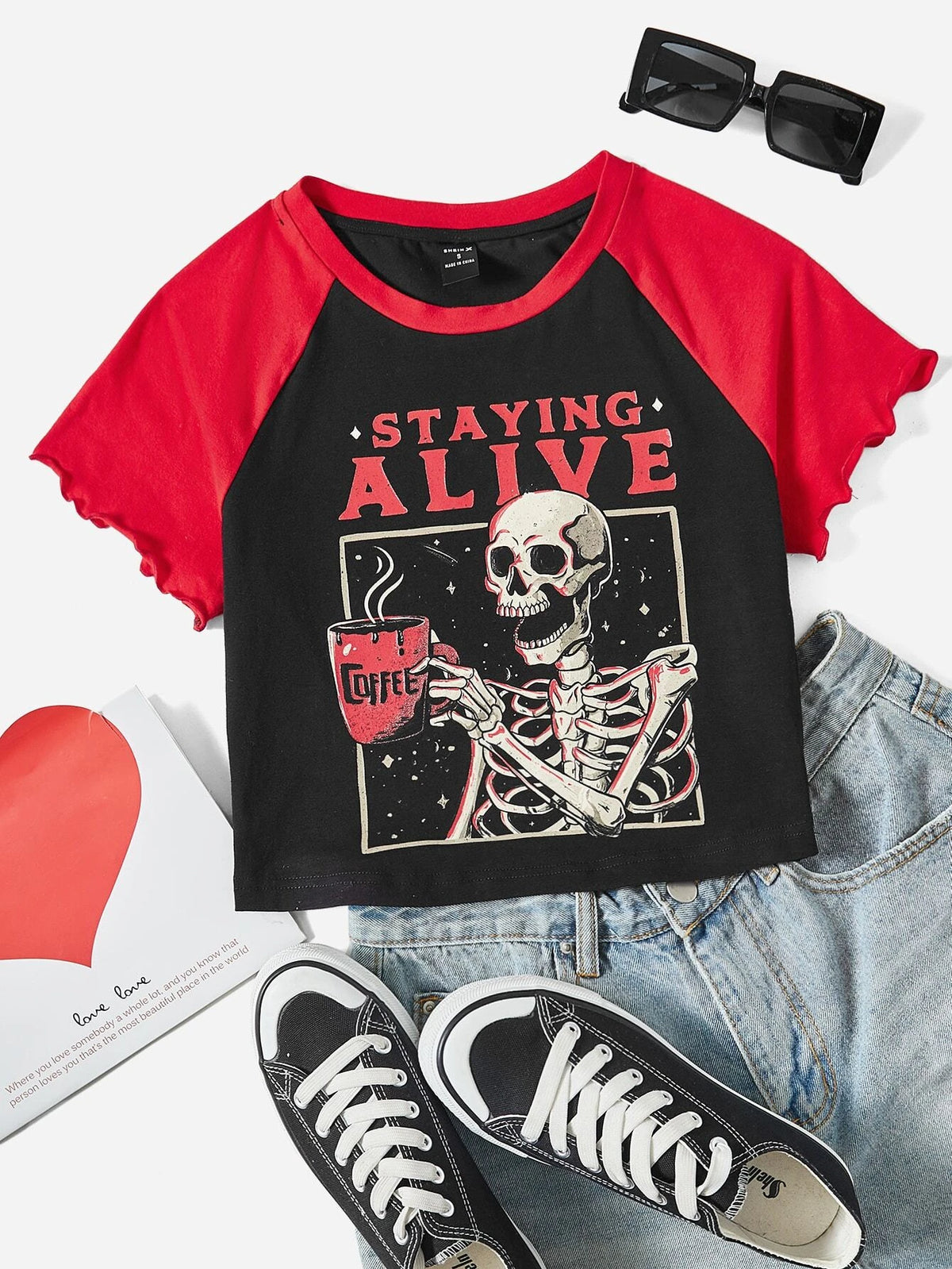 Letter & Skull Print Colorblock Raglan Sleeve Crop Tee