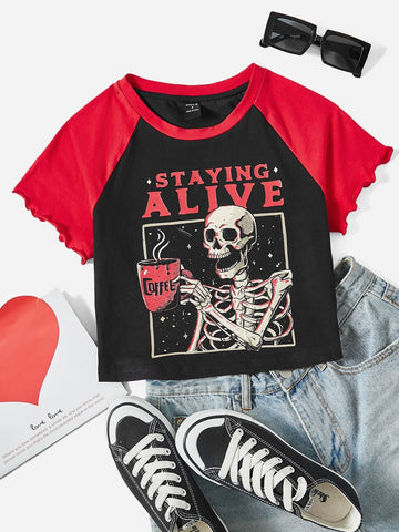 Letter & Skull Print Colorblock Raglan Sleeve Crop Tee