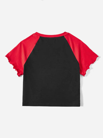 Letter & Skull Print Colorblock Raglan Sleeve Crop Tee