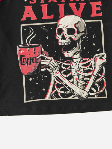 Letter & Skull Print Colorblock Raglan Sleeve Crop Tee