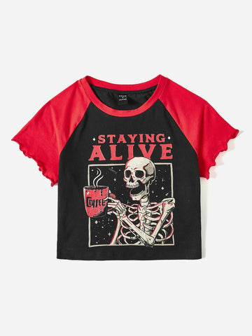 Letter & Skull Print Colorblock Raglan Sleeve Crop Tee