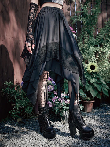 ROMWE Goth Asymmetrical Hem Contrast Lace Skirt