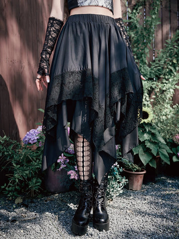 ROMWE Goth Asymmetrical Hem Contrast Lace Skirt