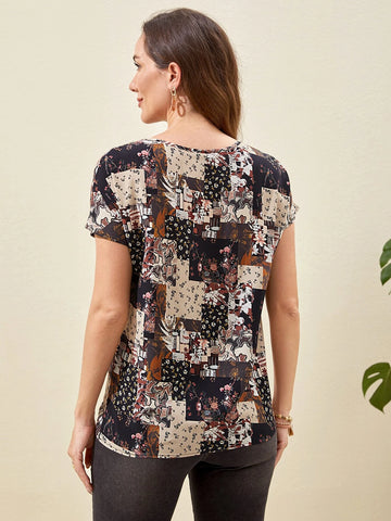 EMERY ROSE Patchwork Print Batwing Sleeve Blouse