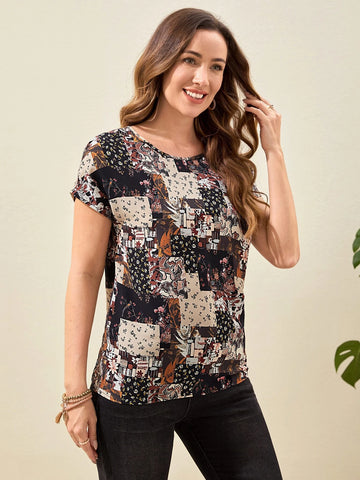 EMERY ROSE Patchwork Print Batwing Sleeve Blouse