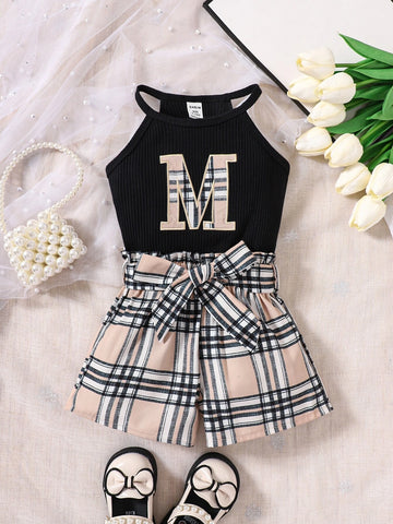 Baby Letter Embroidery Halter Top & Plaid Shorts