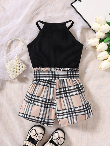 Baby Letter Embroidery Halter Top & Plaid Shorts