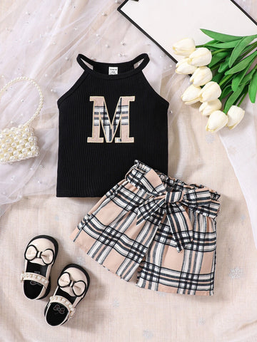 Baby Letter Embroidery Halter Top & Plaid Shorts
