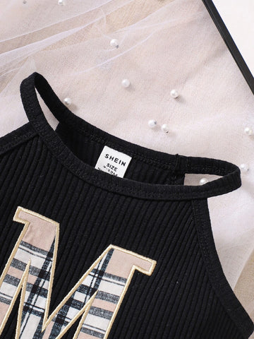 Baby Letter Embroidery Halter Top & Plaid Shorts