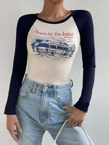 Slogan & Bus Print Raglan Sleeve Tee