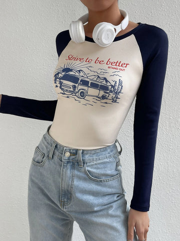 Slogan & Bus Print Raglan Sleeve Tee