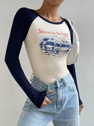 Slogan & Bus Print Raglan Sleeve Tee