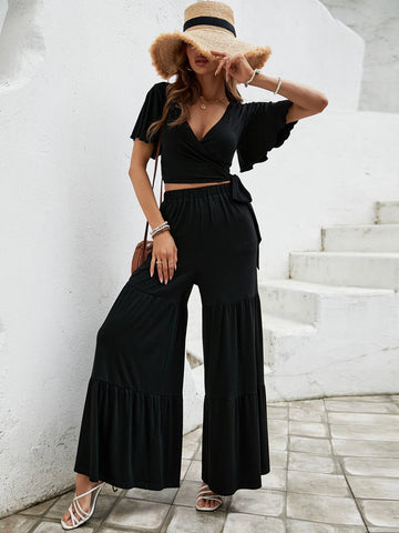 EMERY ROSE Butterfly Sleeve Crop Tee & Ruffle Hem Wide Leg Pants