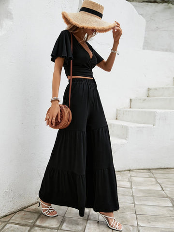 EMERY ROSE Butterfly Sleeve Crop Tee & Ruffle Hem Wide Leg Pants