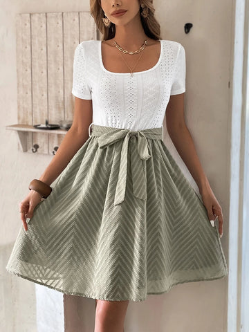 EMERY ROSE Eyelet Embroidery Square Neck Belted Dress