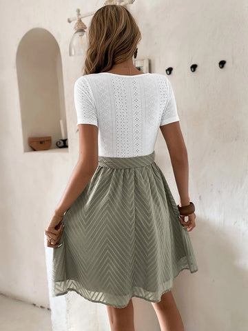 EMERY ROSE Eyelet Embroidery Square Neck Belted Dress
