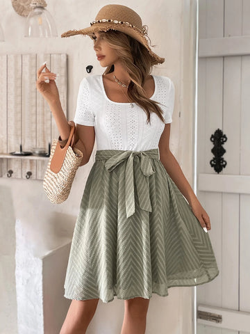 EMERY ROSE Eyelet Embroidery Square Neck Belted Dress