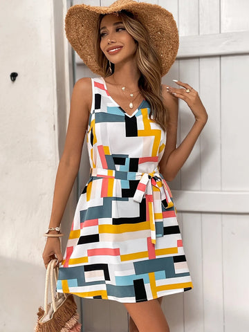 EMERY ROSE Geo Print Sleeveless Belted Dress